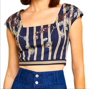 BCBGMAXAZRIA Navy Striped Sequin Crop Top